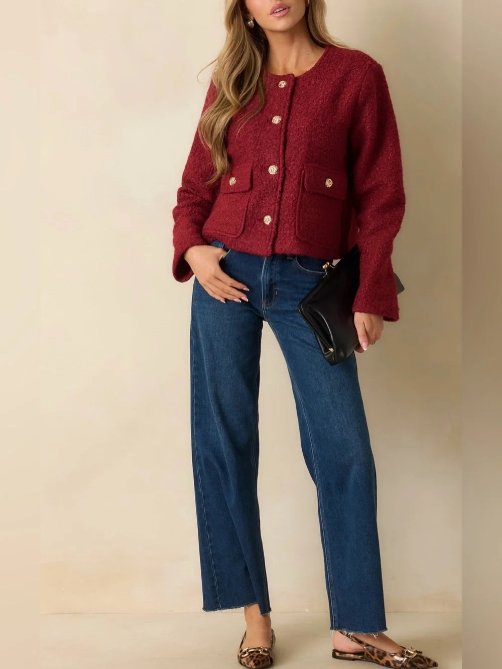 entro Burgundy Textured Cropped Blazer Jacket